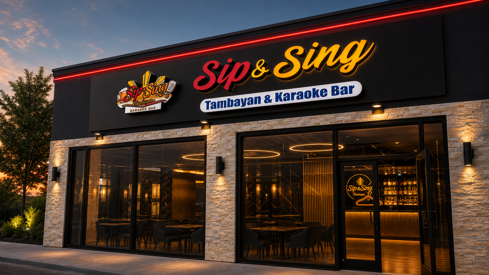 Sip & Sing storefront glowing at dusk on Bathurst Street